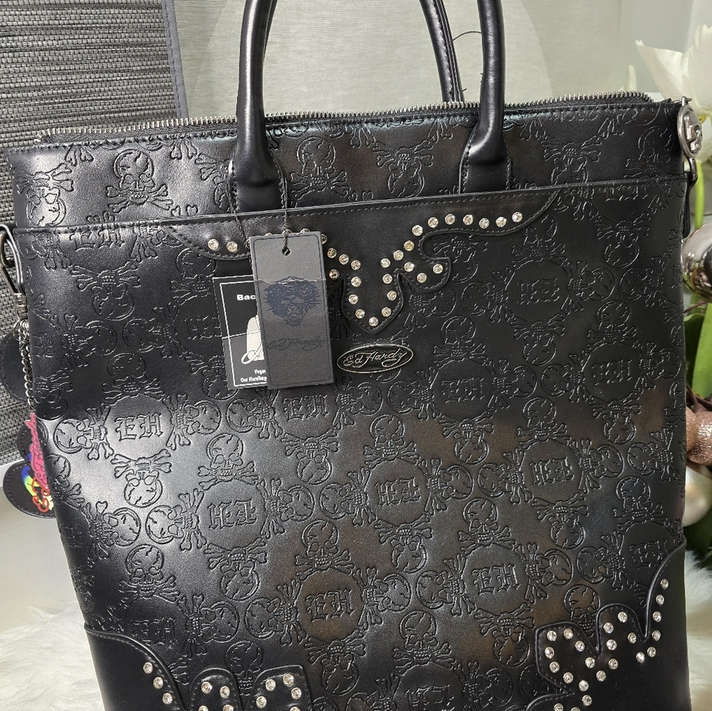 "Ed Hardy"" Black(skull and initial embossed) Faux Leather, Backpack, Tote.new - Picture 10 of 10